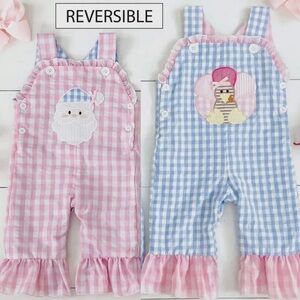 Reversible Turkey & Santa Romper Pink Blue Gingham Ruffle Overalls Classic